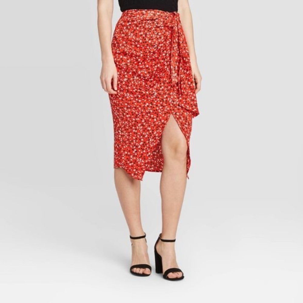 NWT Asymmetrical Midi Slip Skirt Red Floral